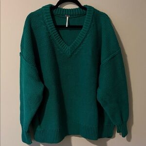 Free People Chunky Green V-Neck Knit Sweater